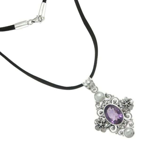 Alternate image for Handcrafted Floral Pearl and Amethyst Silver Necklace Frangipani Queen