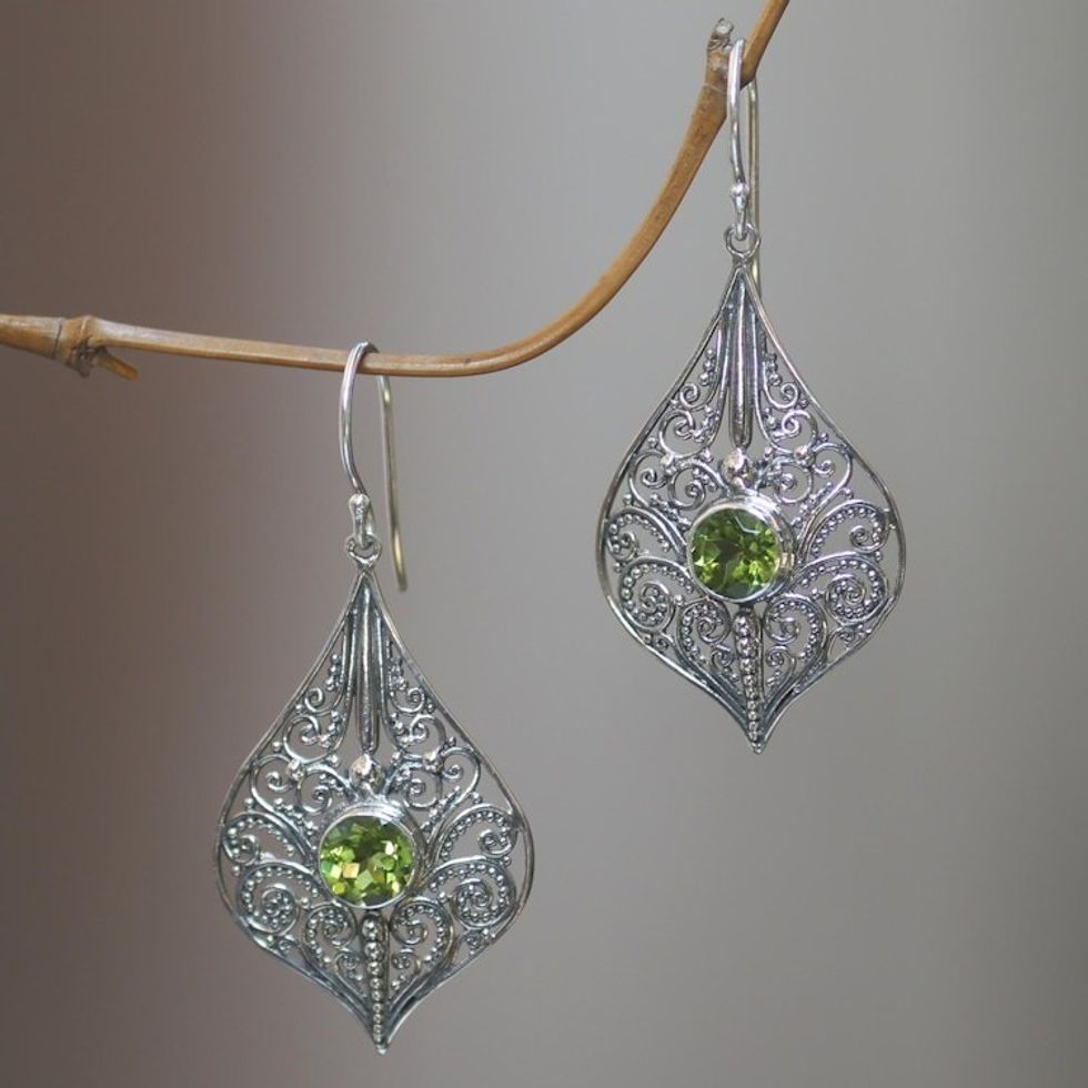 Lacy Sterling Silver Dangle Earrings with Peridot Gems 'Shine On'