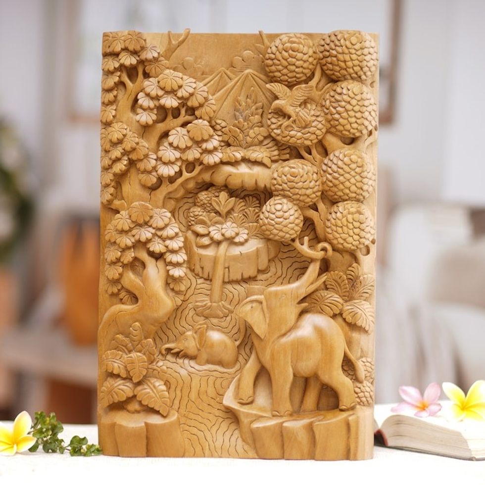 Unique Relief Panel Hand-carved Wood Signed Wall Art 'Elephants in the Wild'