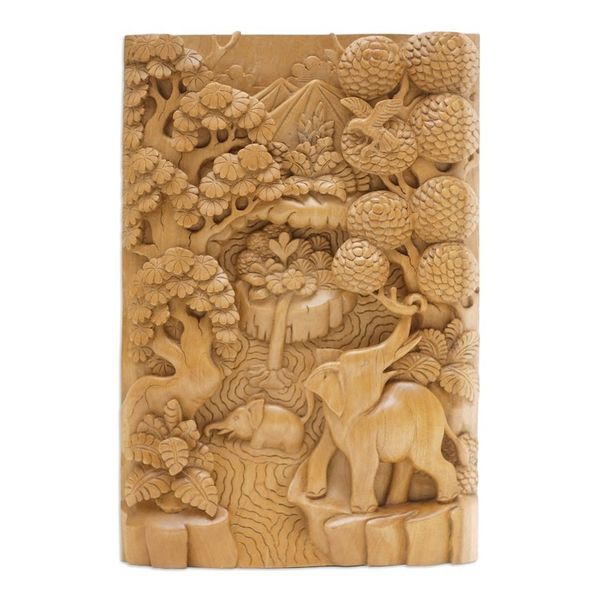 Alternate image for Unique Relief Panel Hand-carved Wood Signed Wall Art Elephants in the Wild