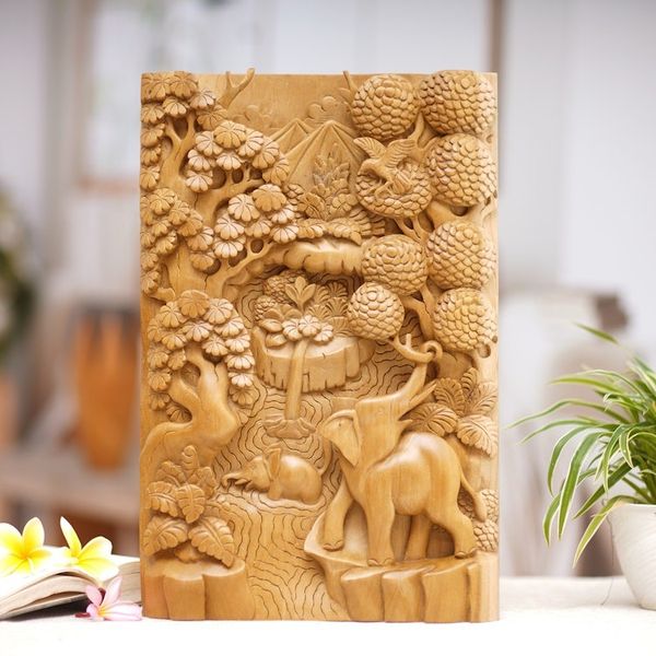 Alternate image for Unique Relief Panel Hand-carved Wood Signed Wall Art Elephants in the Wild