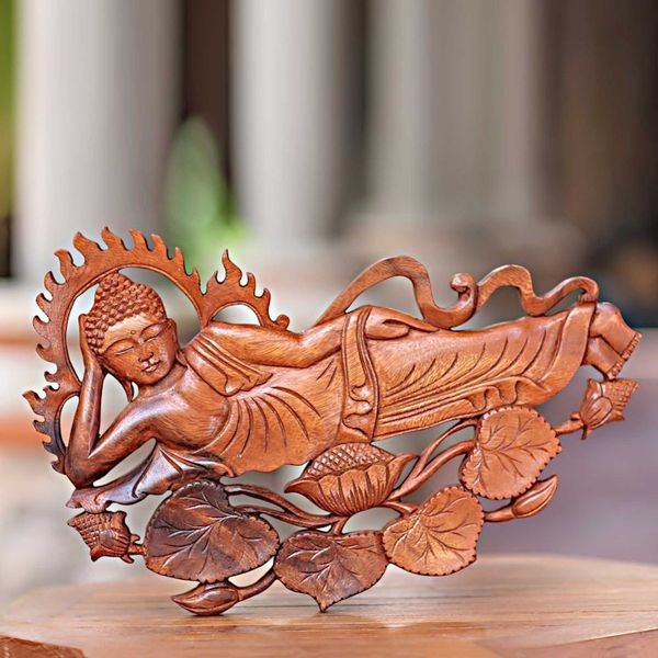 Alternate image for Signed Balinese Buddha Suar Wood Relief Panel Sculpture Buddha Relaxes