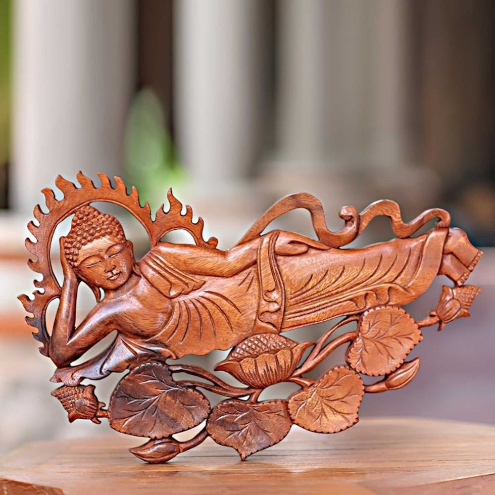 Signed Balinese Buddha Suar Wood Relief Panel Sculpture 'Buddha Relaxes'