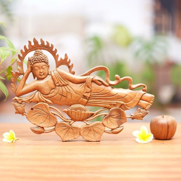 Alternate image for Signed Balinese Buddha Suar Wood Relief Panel Sculpture Buddha Relaxes