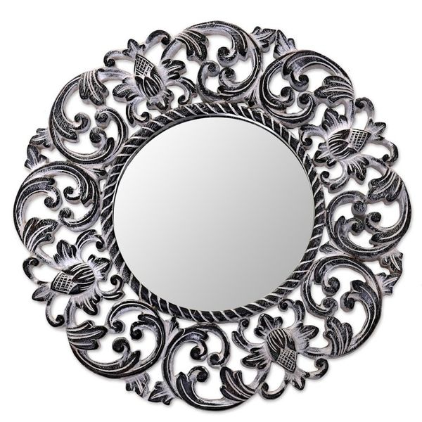 Alternate image for Hand Carved Black Floral 15-Inch Wall Mirror from Bali Black Balsamina Buds