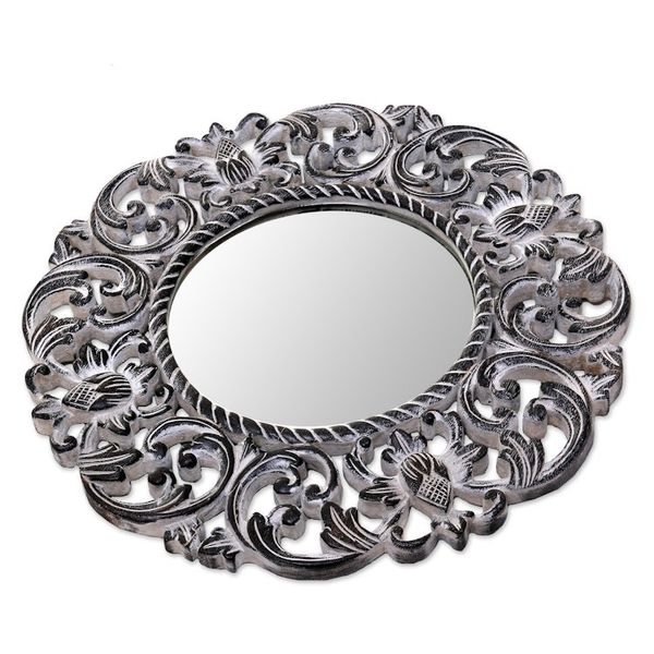 Alternate image for Hand Carved Black Floral 15-Inch Wall Mirror from Bali Black Balsamina Buds