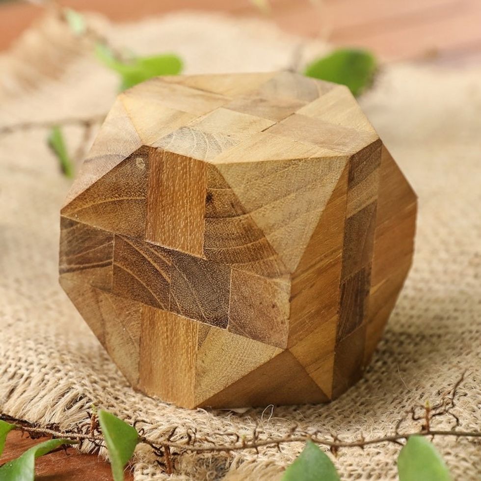 Natural Teak Wood Block Puzzle Handmade in Java 'Truncated Cube'