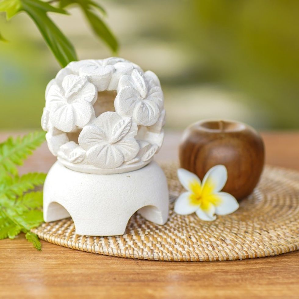 Carved Floral Limestone Tealight Candleholder from Bali 'Hibiscus'