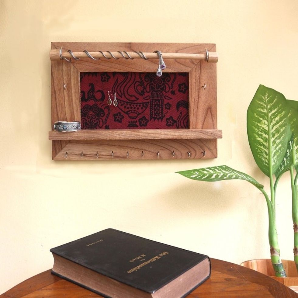 Wood and Cotton Jewelry Display Wall Panel Handmade in Bali 'Tegalalang Heritage in Tan'