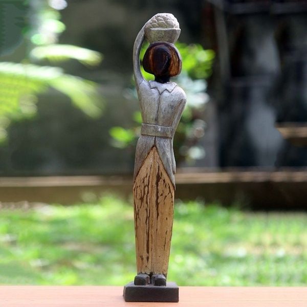 Alternate image for Hand Carved Antiqued Albesia Wood Sculpture from Bali Balinese Lady