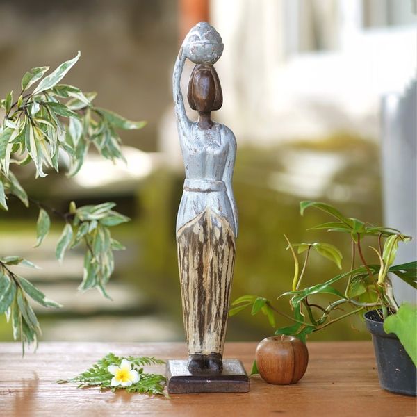Alternate image for Hand Carved Antiqued Albesia Wood Sculpture from Bali Balinese Lady
