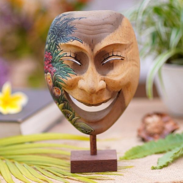 Alternate image for Balinese Handcrafted Hibiscus Wood Mask Butterfly Motif Gleeful Smile