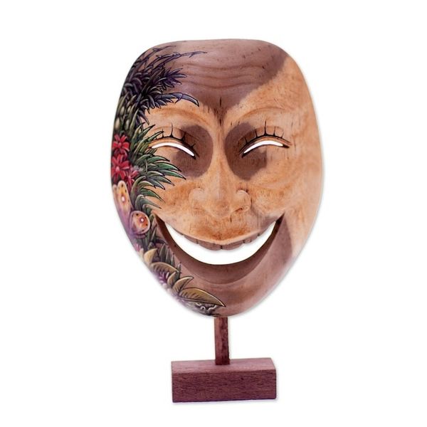 Alternate image for Balinese Handcrafted Hibiscus Wood Mask Butterfly Motif Gleeful Smile
