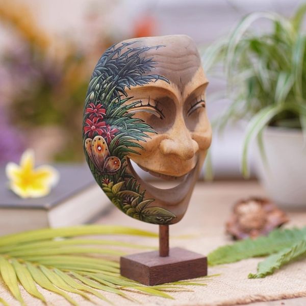 Alternate image for Balinese Handcrafted Hibiscus Wood Mask Butterfly Motif Gleeful Smile