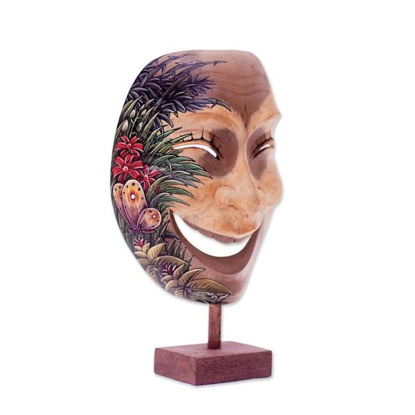 Alternate image for Balinese Handcrafted Hibiscus Wood Mask Butterfly Motif Gleeful Smile