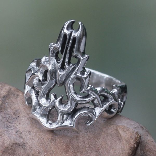 Alternate image for Modern Abstract Sterling Silver Mens Ring Handmade in Bali Tongues of Fire