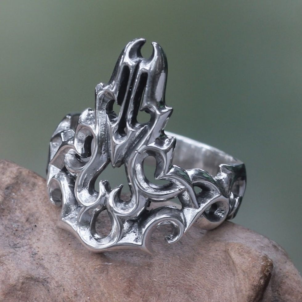 Modern Abstract Sterling Silver Men's Ring Handmade in Bali 'Tongues of Fire'