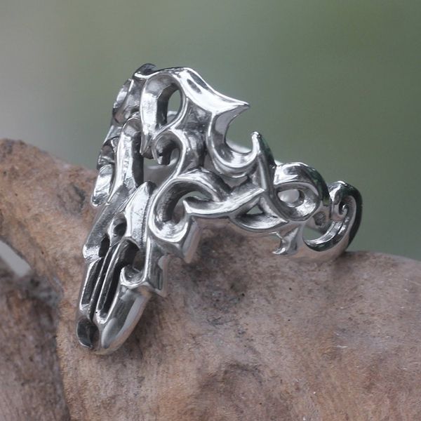 Alternate image for Modern Abstract Sterling Silver Mens Ring Handmade in Bali Tongues of Fire