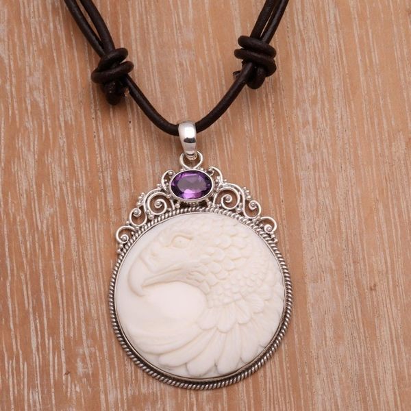 Alternate image for Bone and Amethyst Pendant Necklace Eagle from Indonesia Watchful Eagle