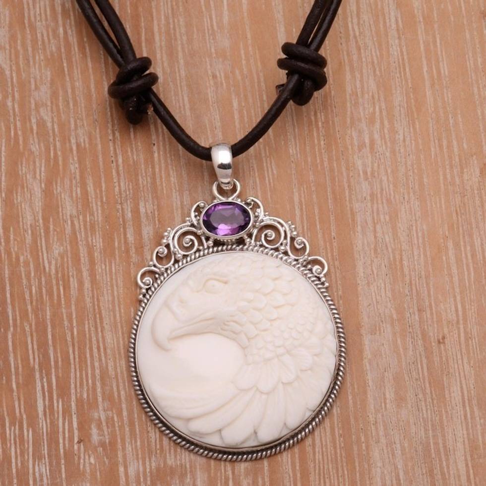 Bone and Amethyst Pendant Necklace Eagle from Indonesia 'Watchful Eagle'