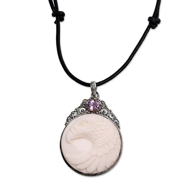 Alternate image for Bone and Amethyst Pendant Necklace Eagle from Indonesia Watchful Eagle