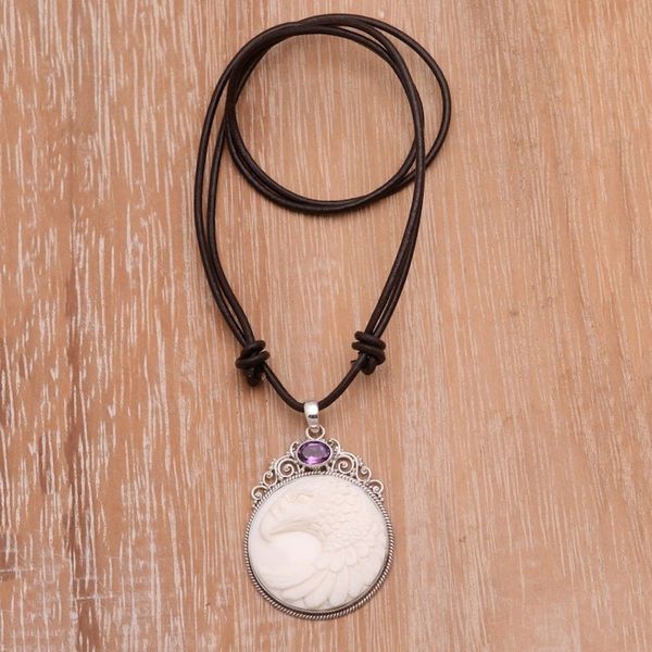 Alternate image for Bone and Amethyst Pendant Necklace Eagle from Indonesia Watchful Eagle