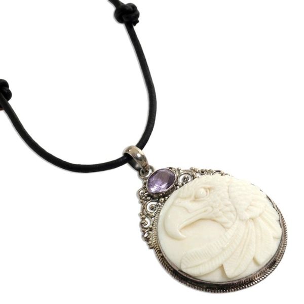 Alternate image for Bone and Amethyst Pendant Necklace Eagle from Indonesia Watchful Eagle