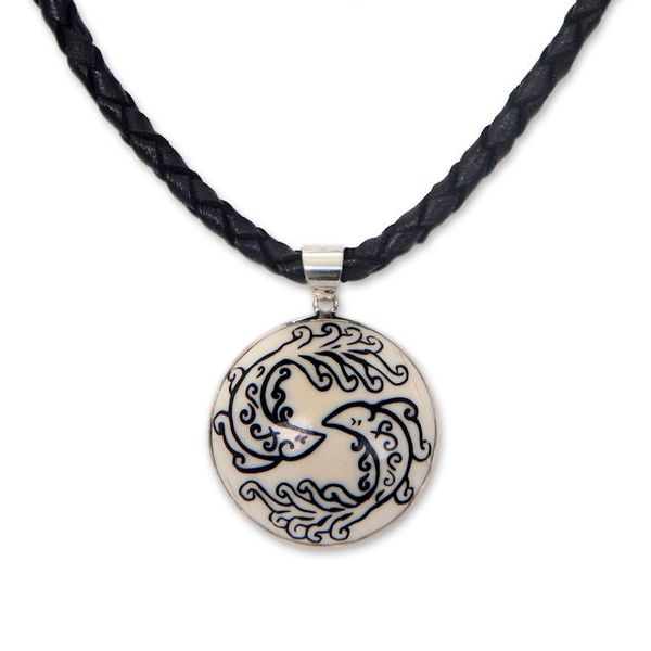 Alternate image for Balinese Hand Crafted Pisces Zodiac Leather Pendant Necklace Pisces
