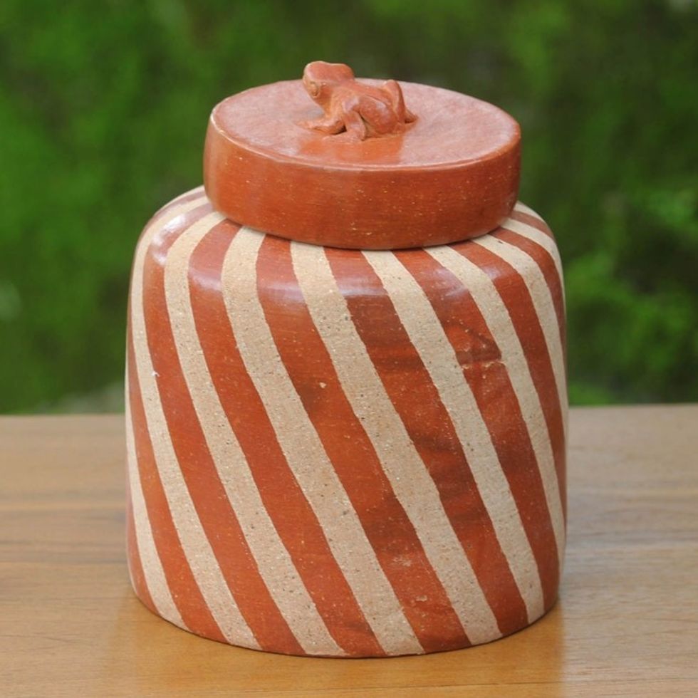 Handcrafted Ecthed Ceramic Lidded Jar from Indonesia 'Lucky Frog in Brown'