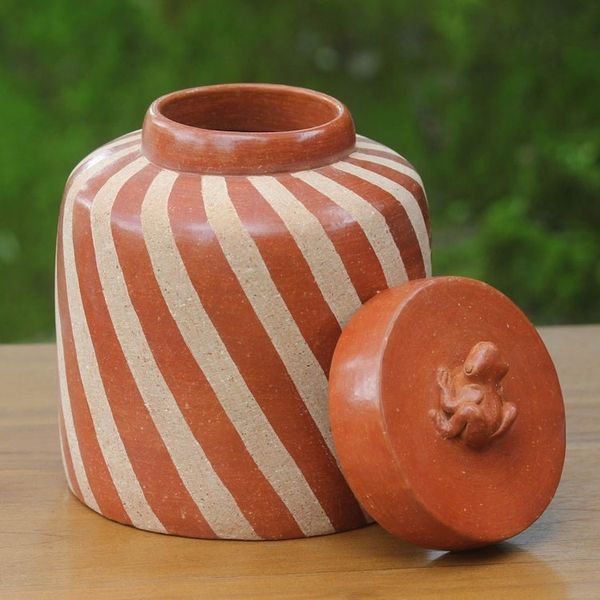 Alternate image for Handcrafted Ecthed Ceramic Lidded Jar from Indonesia Lucky Frog in Brown