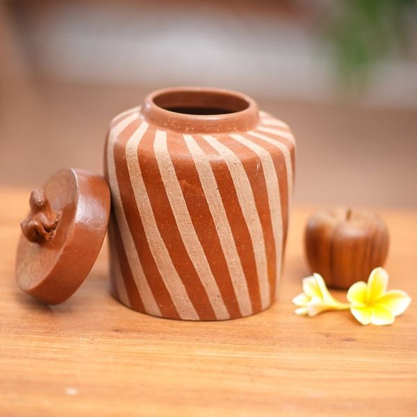 Alternate image for Handcrafted Ecthed Ceramic Lidded Jar from Indonesia Lucky Frog in Brown