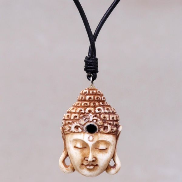 Alternate image for Buddha Pendant Necklace in Carved Bone with Leather Cords Buddha Head I