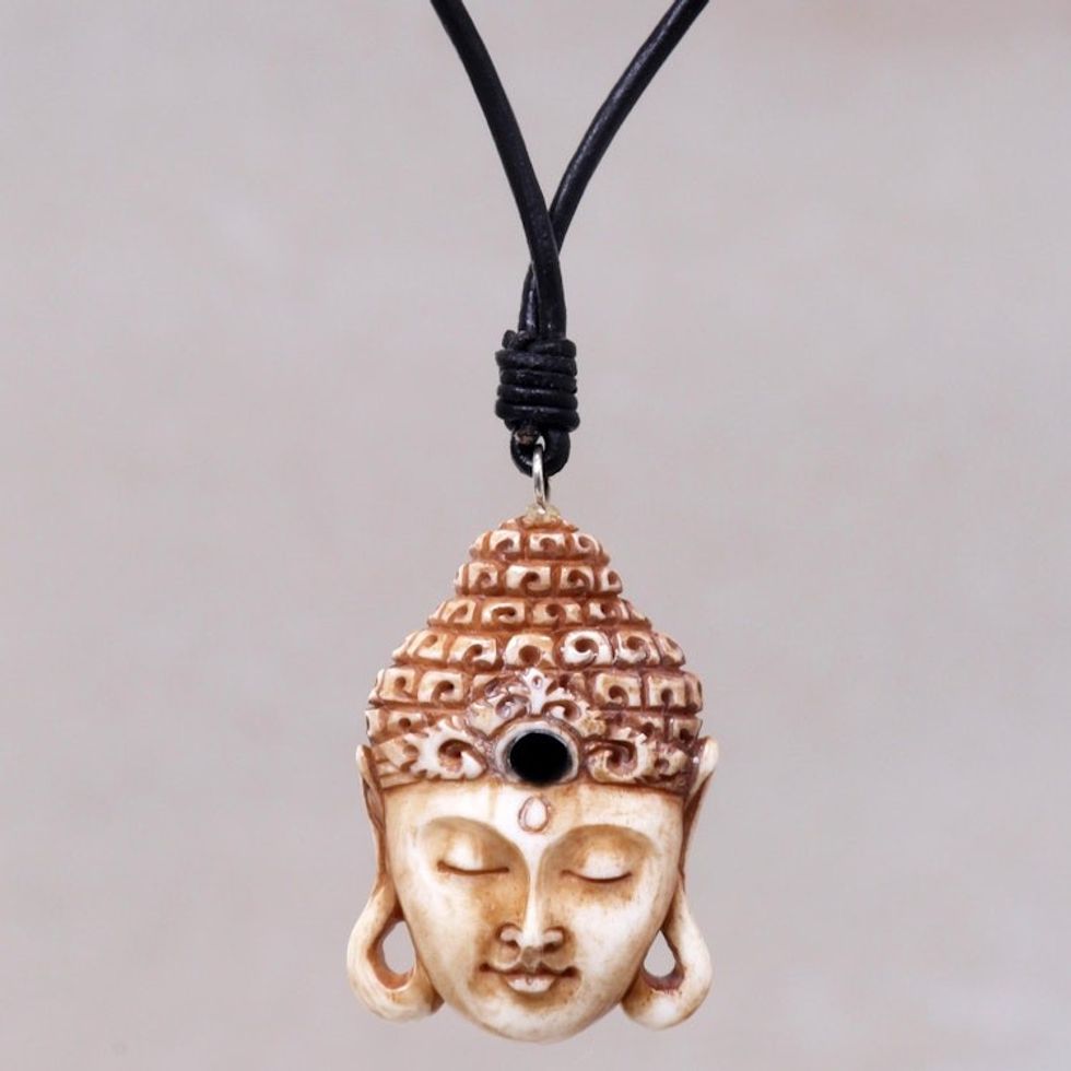 Buddha Pendant Necklace in Carved Bone with Leather Cords 'Buddha Head I'