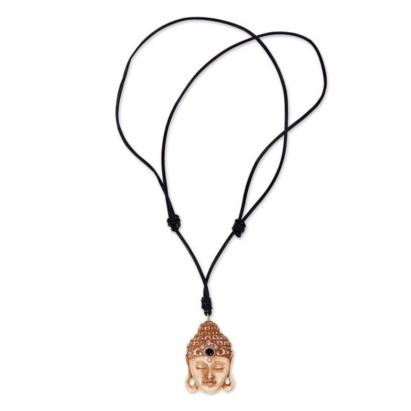 Alternate image for Buddha Pendant Necklace in Carved Bone with Leather Cords Buddha Head I