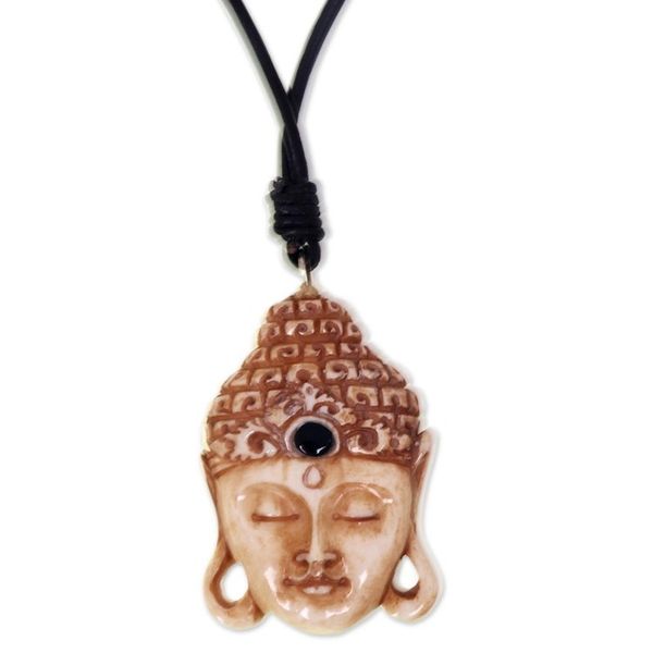 Alternate image for Buddha Pendant Necklace in Carved Bone with Leather Cords Buddha Head I