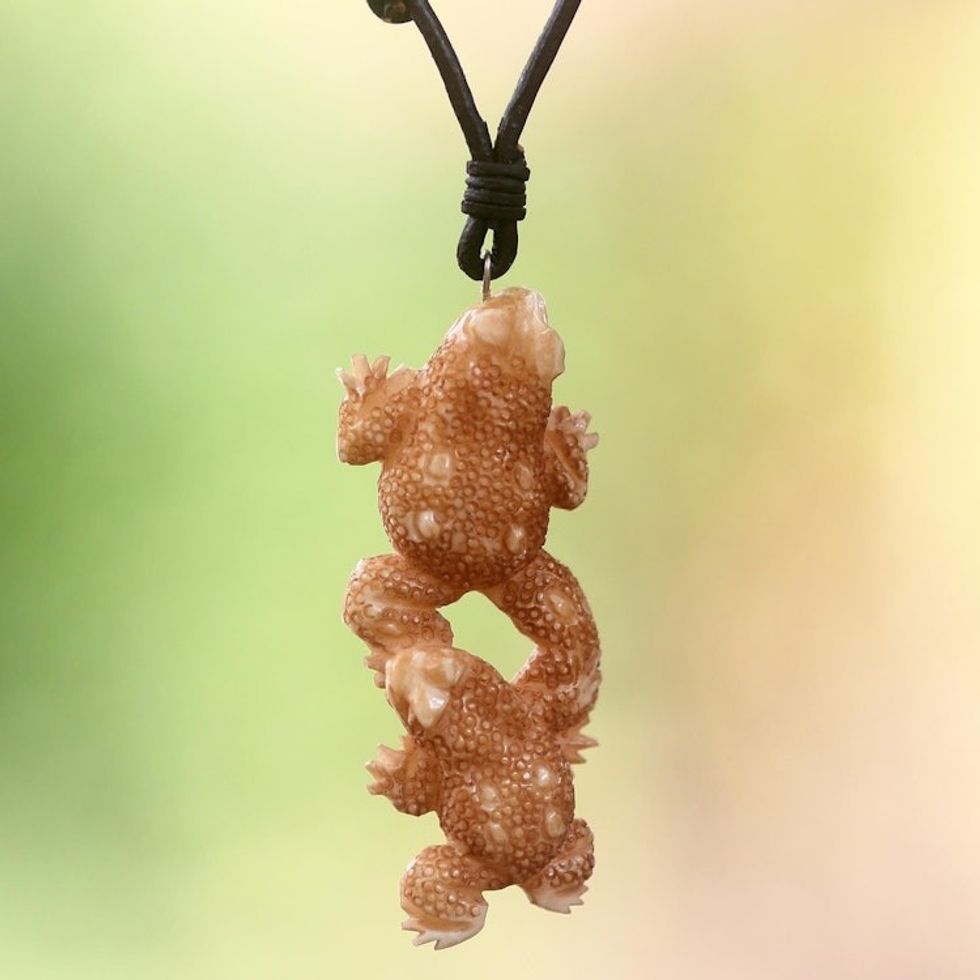 Artisan Crafted Leather Cord Necklace with Toad Pendant 'Happy Toads'