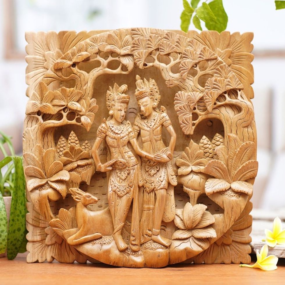 Ornately Detailed Wood Relief Panel of Rama and Sita 'The Romance of Rama and Sita'