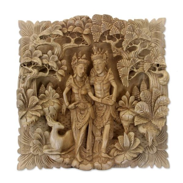 Alternate image for Ornately Detailed Wood Relief Panel of Rama and Sita The Romance of Rama and Sita
