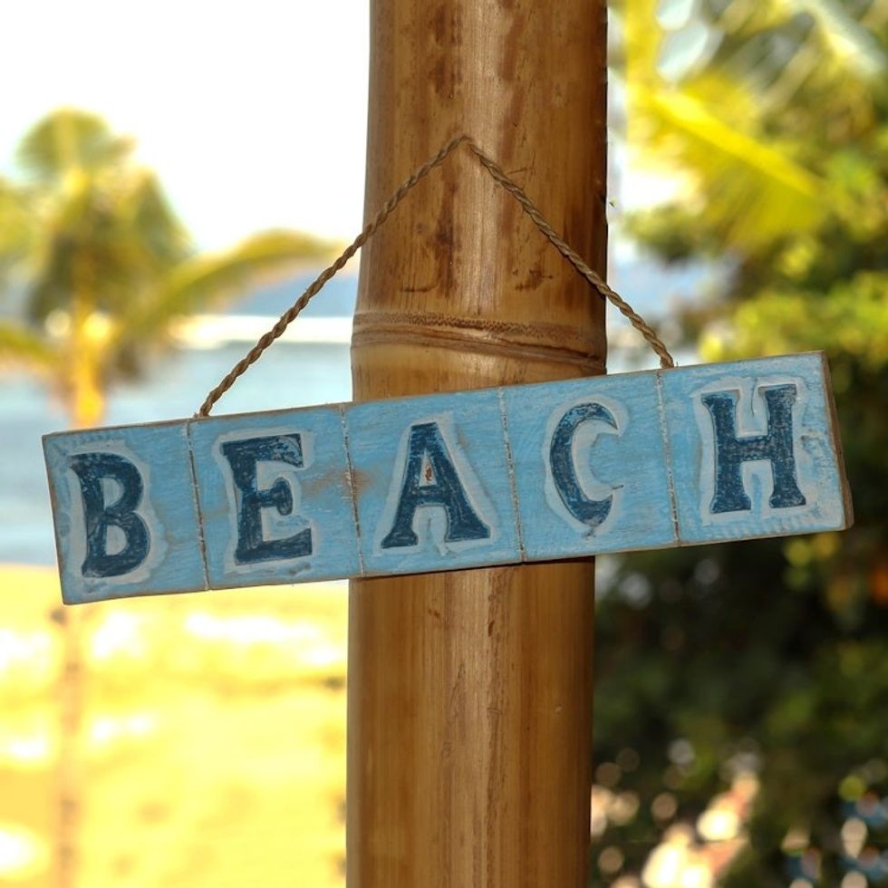 Hand Carved Beach Wood Sign Agel Grass from Indonesia 'Beach in Sky Blue'