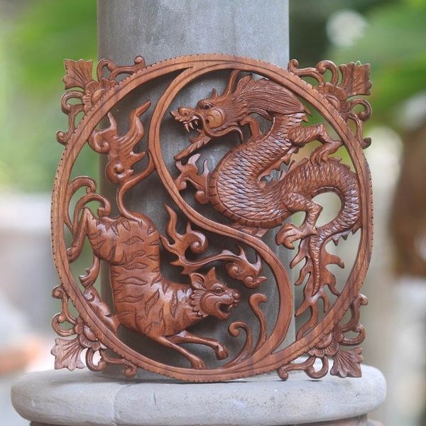 Alternate image for Hand Carved Wood Wall Relief from Indonesia Tiger and Dragon