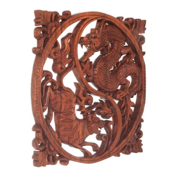 Alternate image for Hand Carved Wood Wall Relief from Indonesia Tiger and Dragon