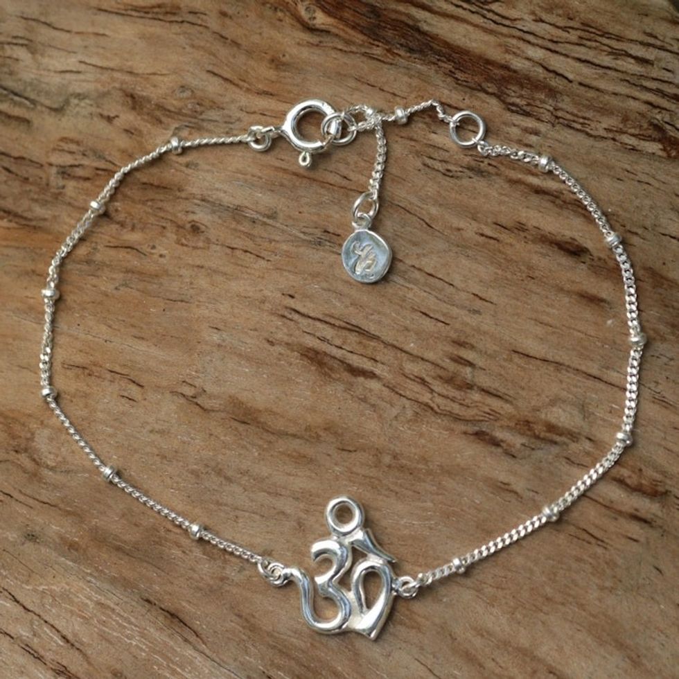 Sterling Silver Cuban Link Chain Bracelet with Om Symbol 'Centered Om'