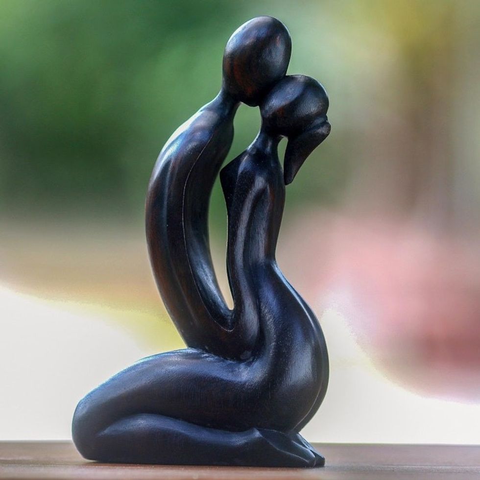 Romantic Hand Carved Wood Sculpture of Lovers' Kiss 'The Kiss'