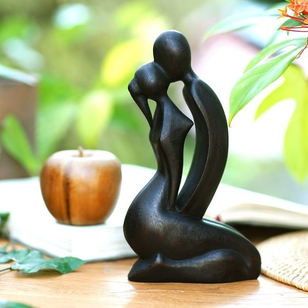 Alternate image for Romantic Hand Carved Wood Sculpture of Lovers Kiss The Kiss