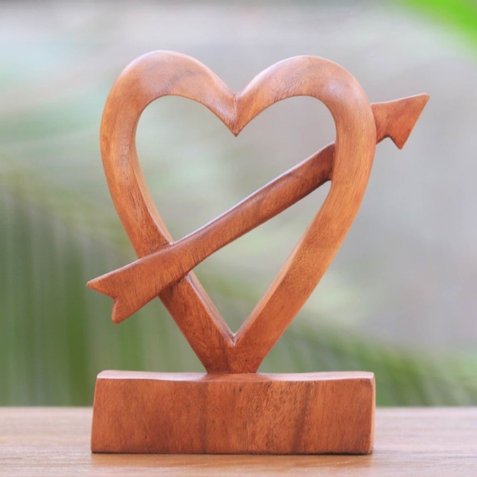 Hand-Carved Natural Wood Heart Statuette from Bali 'Fall in Love'