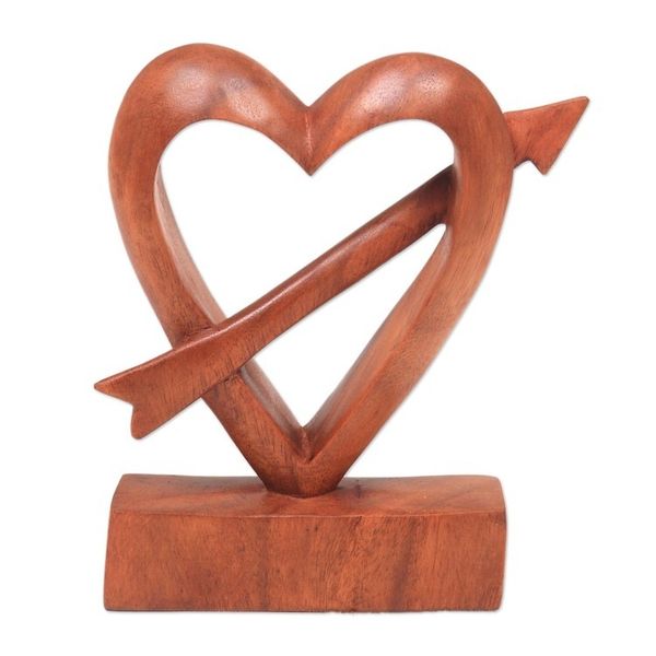 Alternate image for Hand-Carved Natural Wood Heart Statuette from Bali Fall in Love