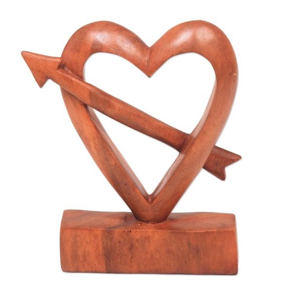 Alternate image for Hand-Carved Natural Wood Heart Statuette from Bali Fall in Love