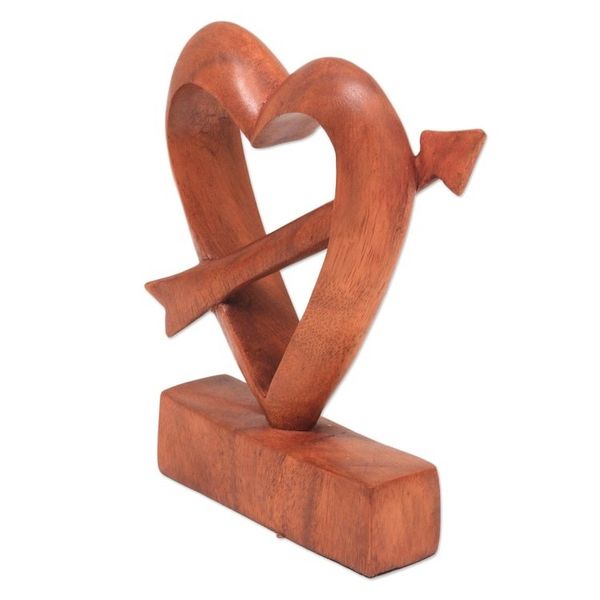 Alternate image for Hand-Carved Natural Wood Heart Statuette from Bali Fall in Love