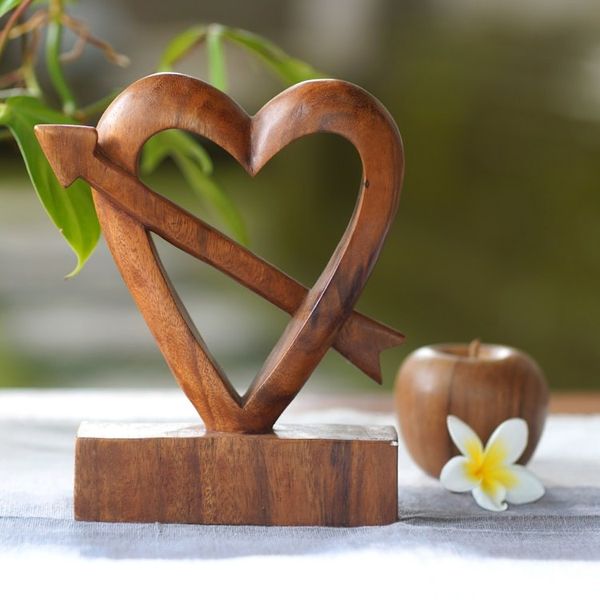 Alternate image for Hand-Carved Natural Wood Heart Statuette from Bali Fall in Love