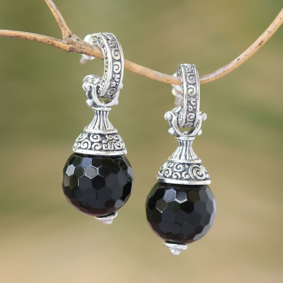 Sterling Silver Black Onyx Half-Hoop Earrings from Indonesia 'Black Swirls'